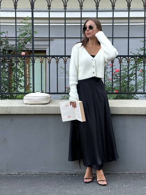 Black satin midi skirt