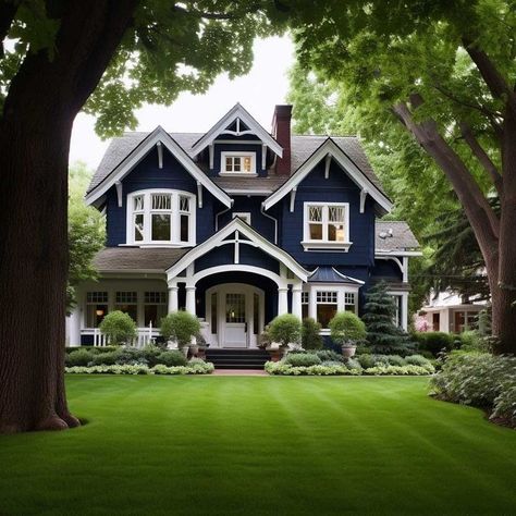 American Traditional House Exterior, Massachusetts House Exterior, Middle Class Suburban House, Two Houses Next To Each Other, Medium Size Homes, Outside Look Of House, Craftmans Style House Exterior Paint, Old Homes Exterior, Navy Blue House Exterior With Cedar