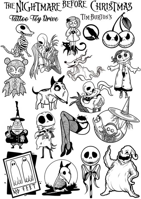 Cartoon Sleeve Tattoo Ideas, Halloween Mouth Tattoos, Jack Skellington Flash Tattoo, Flash Tattoo Designs Friday The 13th, Mars Attacks Tattoo Design, Black And White Horror Tattoos, Tim Burton Art Tattoo, Grim Adventures Tattoo, Jack Skellington Head Tattoo