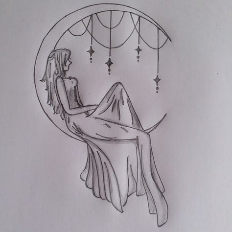 girl on the moon  #art #artwork #drawing #drawthisisyourstyle #artist #moon #girl #sketch #sketchartist #pencil #pencilart #blackandwhite Fairy And Moon Drawing, Fairy Moon Drawing, The Moon As A Person Drawing, Full Moon Drawing Pencil, Moon Silhouette Art, Sketches Of The Moon, Moon Art Drawing Pencil, Witch Sketch Pencil, Moon Fairy Drawing