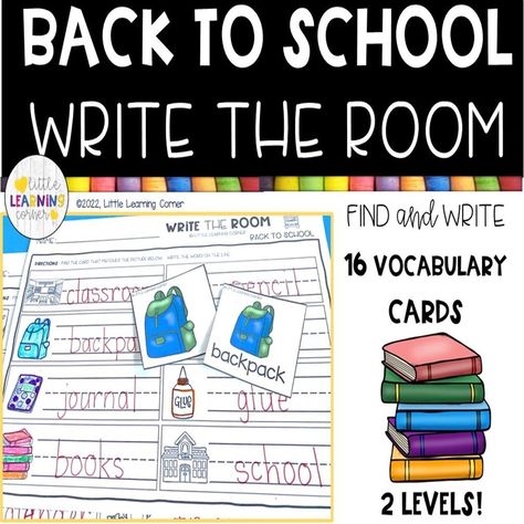 Back to school write the room printable activity for kindergarten and first grade #backtoschool #firstgrade #kindergarten School Words, Activity For Kindergarten, Interactive Writing, Kindergarten Themes, Nursery Rhymes Songs, Write The Room, Making Words, Kids Nursery Rhymes, Go Back To School