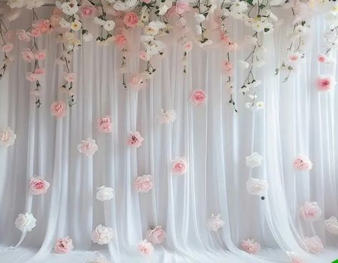 Diy Floral Backdrop Birthday, Flower Hanging Backdrop, Photobooth Background Ideas, Background Party Ideas, Simple Backdrop Ideas, Flower Backdrop Ideas, Pastel Wedding Theme, Popsicle Stick Crafts House, Wedding Background Decoration