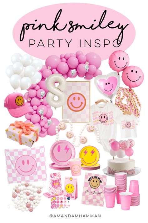 Pink Retro Birthday Party, Smiley Faces Birthday Party, Different Birthday Party Themes, Pink Preppy Birthday Party Ideas, Cute Theme Birthday Party, Smiley Balloon Arch, 8 Themed Birthday Party, Daisy And Smiley Face Party, Smiley Face Disco Party