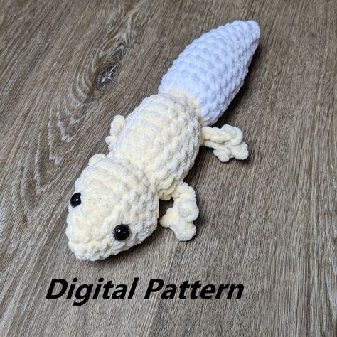 This is an adorable Leopard Gecko pattern that I created myself and I can create one from this pattern in about one hour!  It's designed with blanket or chenille yarns in mind, but can be done in worsted yarn for a much smaller gecko. This would be a great little pattern to use to make stock for craft shows and markets! This is a fairly easy pattern, with pictures included for the more complicated parts, but this does not include a tutorial on basic stitches.  There are lots of Youtube video tutorials out there on how to learn crochet.  This is a great pattern for testing out your newly-discovered skills as well as for seasoned crochet artists! The terminology is in US English. 🦎 #chameleonamigurumipattern Leopard Gecko Crochet Pattern, Gecko Crochet Pattern Free, Leopard Gecko Crochet, Crochet Gecko, Gecko Pattern, Gecko Tank, Crochet Hammock, Learn Crochet, Basic Stitches