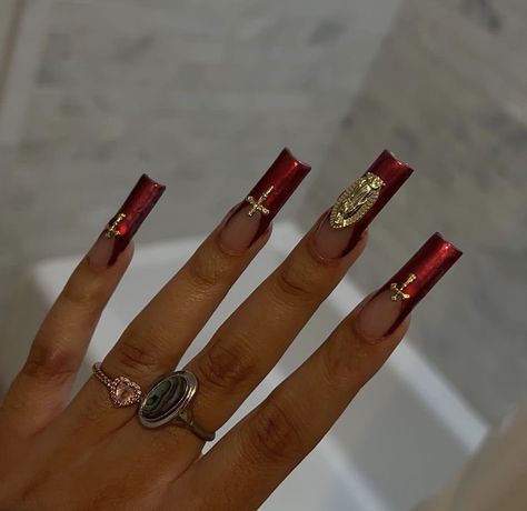 Nails Aesthetic 90s Red, Red White And Gold Nail Designs, Extra Long Acrylic Nails With Charms, Gold And Red Acrylic Nails, Red Catholic Nails, Red Gold Nails Design, Red 90s Nails, Rhine Stone Nails, Cathedral Nails