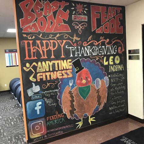 Anytime Fitness Chalkboard Art. This was created to help "Feeding America" Happy Thanksgiving Chalk Art Thanksgiving Gym Chalkboard, Gym Chalkboard Ideas, Anytime Fitness Chalkboard, Thanksgiving Chalk Art, Thanksgiving Chalkboard Art, Thanksgiving Chalkboard, Fall Chalkboard, Bullet Crafts, Fitness Board