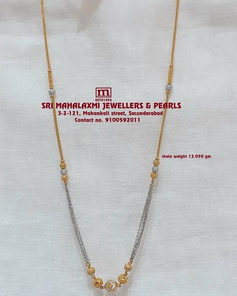 Presenting Here is new Collection Light Weight Italians Platinum Polish Chains made 18kt Hallmark Gold Please us on Whatsapp no. 9100592011 #SriMahalaxmiJewellers #Chains #ItaliansChains Platinum Mangalsutra Designs, Silver Colour Combination, Tiny Gold Necklace, Indian Gold Necklace Designs, Black Beads Mangalsutra, Gold Necklace Indian, Gold Chain Design, Mangalsutra Designs, Gold Wedding Jewelry