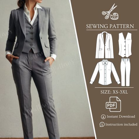 4 Bundle Sewing Pdf Pattern, Blouse Pattern, Vest Sewing Pattern, Jacket Pattern, Pants Pdf Pattern for Women - Etsy Pant Suit Sewing Pattern, Womens Blazer Pattern, Sewing Suits For Women, Suit Vest Sewing Pattern, Suit Sewing Pattern Women, Sewing Jackets For Women, Academia Sewing Pattern, Women's Shirt Patterns Free Sewing, Diy Clothes Design Sewing Patterns