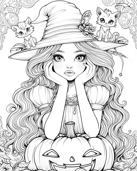 Halloween Coloring Pages Adult, Halloween Coloring Pages For Adults, Scary Coloring Pages, Manga Coloring Book, Coloring Pages For Grown Ups, Witch Coloring Pages, Grayscale Coloring Books, Halloween Coloring Book, Adult Coloring Designs