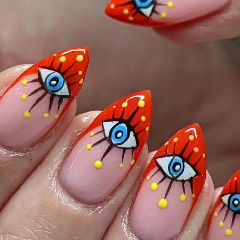 nail art gel and xgel xtensions (abbi) on Instagram: "Eyes for you for the beautiful anna   Using @dali.artistic Xpress grow in champagne blush @homeofnailart detailed paints   Design created by @snatchedbylulubelles   #eyesonnails #frenchmanicure #frenchnails #handpaintednailart #characternails #nailspenarth #handpaintednailart #cutenails #frenchnails #alternativenails #pointynails" Sunglasses Nail Art, Hindu Nails Design, Embroidery Nail Art, Avant Garde Nails, Complex Nail Art, Detail Nail Art, Art Deco Nail Art, Eyeball Nails, Eyes Nail Art