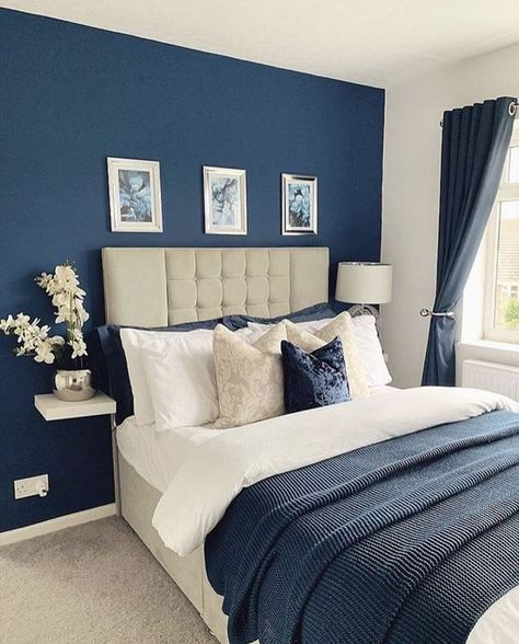 Navy Blue Bedroom Decor, Bedroom Finds, Bedroom Board, Navy Bedrooms, Blue Bedroom Walls, Navy Blue Bedrooms, Blue Bedroom Design, Bedroom Blue, Room Vibes