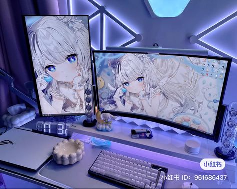 Stream Setup Aesthetic, Pc Set Up Aesthetic, Pc Gamer Aesthetic, Vtuber Setup, Otaku Desk, Best Pc Setup, Kawaii Gaming Setup, Bedroom Gaming Setup, Stream Setup