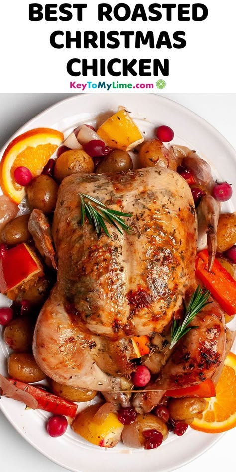 A picture of roasted Christmas chicken on a platter, with title text at the top. Christmas Chicken Recipes, Holiday Dinner Recipes, Orange Butter, Chicken Tray Bake, Christmas Roast, Perfect Roast Chicken, Holiday Roasts, Chicken Roast, Roast Chicken Leftovers