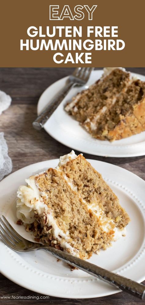 This incredible gluten free hummingbird cake recipe is topped with a thick cream cheese frosting. Each decadent layer is filled with pineapple and pecans. Gluten Free Hummingbird Cake, Thick Cream Cheese Frosting, Gluten Free Dairy Free Cake, Hummingbird Cake Recipe, Gluten Free Birthday Cake, Hummingbird Cake Recipes, Gluten Free Easter, Easy Gluten Free Desserts, Dairy Free Cake