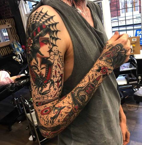 Old School Tattoo Filler Ideas, Flash Leg Sleeve, Mens Color Sleeve Tattoo, Spot Filler Tattoo, Multi Style Tattoo Sleeve, Tattoo Sleeve Filler Backgrounds Men, Rose Filler Tattoos, Black And Red Traditional Tattoo Sleeve, Filler Ideas For Tattoo Sleeve