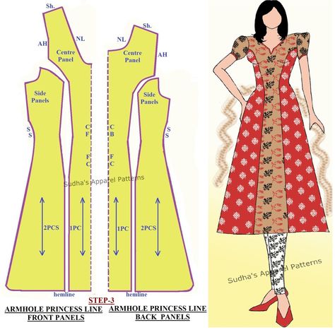 A princess line dress is a fitted garment that has seam lines crossing over the bust point, replacing darts. As these princess lines absorb fullness of dart within stitch lines  and control the fit of garment, they are also called dart equivalents.  In this post, I have shown step-wise pattern making of Kameez with Armhole Princess line in Front & Back. Kurta Sewing Pattern, Princess Cut Dress Pattern, A Line Dress Pattern, Princess Cut Dress, Princess Dress Patterns, Princess Line Dress, Below The Knee Dresses, Dresses By Pattern, Princess Line