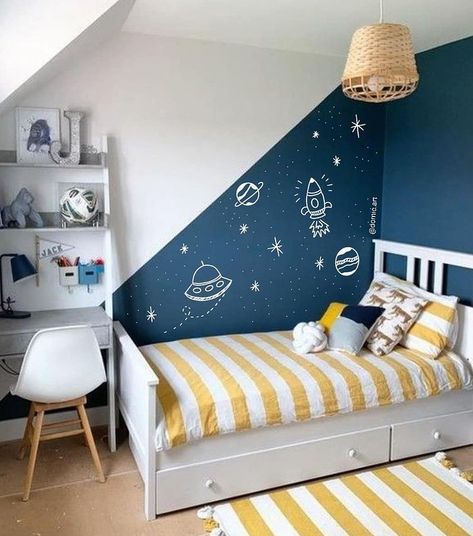 Toddler Boy Blue Room, Navy Kids Bedroom, Little Boy Bedroom Ideas Small Rooms, Boys Playroom Ideas Older, Boys Room Wall Paint, Kids Room Ideas Boys, Boy Room Paint Ideas, Space Bedroom Boys, 8 Year Boy Room Ideas