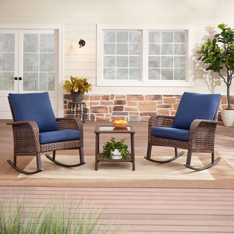 Mainstays Tuscany Ridge 3-Piece Rocking Chair Outdoor Bistro Set, Blue - Walmart.com - Walmart.com Rocking Chair Outdoor, Exterior Updates, Front Porch Furniture, Cozy Porch, Wicker Rocking Chair, Porch Chairs, Glass Top Side Table, Bistro Furniture, Outdoor Bistro