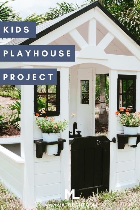 Black And White Playhouse, White And Black Playhouse, Backyard Discovery Playhouse Makeover, Backyard Discovery Sweetwater Playhouse Makeover, Inside Playhouse Ideas, Playhouse Renovation, White Playhouse Outdoor, Sweetwater Playhouse Makeover, White Playhouse With Black Trim