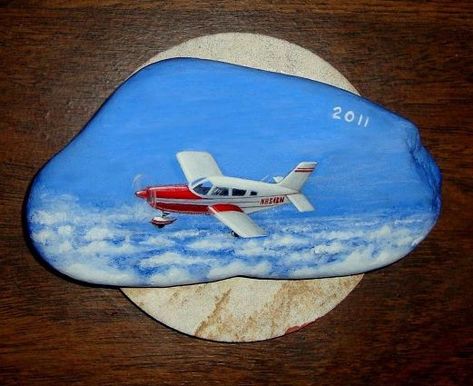 0431-Plane | by Forrest B. Airplane Painting, Airplane Art, Rock Painting Designs, Pebble Painting, Rock Crafts, Pebble Art, Stone Art, Stone Painting, Rock Art