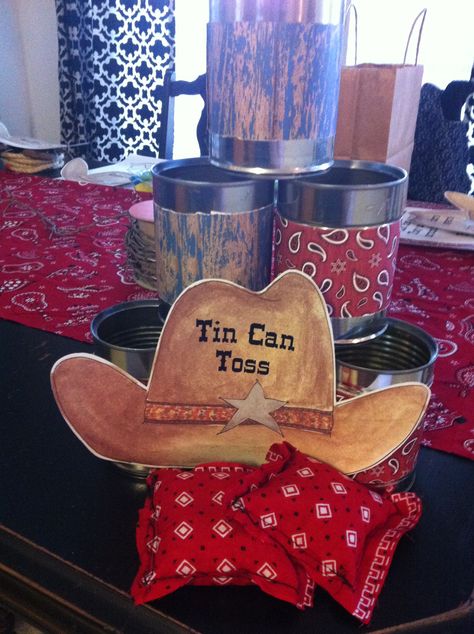 Cowgirl theme party games - Tin Can Toss-i bet the kids would love this.  sewing machine is broke... but bet i could hot glue the bags... Cowboy Theme Party Games, Cow Birthday Party Decorations, Cowboy Party Ideas, Cowboy Theme Party, Wild West Party, Western Birthday Party, Rodeo Party, Horse Birthday Parties, Cowboy Birthday Party