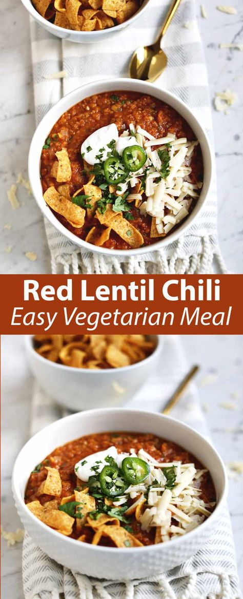 Red Lentil Chili, Lentil Chili Recipe, Eating Cereal, Lentil Chili, Meal Inspiration, Dried Lentils, Red Lentils, Vegetarian Chili, Lentil Recipes