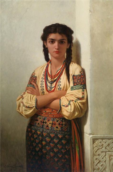 Emile Vernet-Lecomte, "The Oriental Beauty"  1869  (Traditional Romanian Costume) Romanian Clothing, Romanian Women, Harem Girl, Arab Women, Berber Women, Folk Costume, Woman Painting, Classic Art, Traditional Outfits