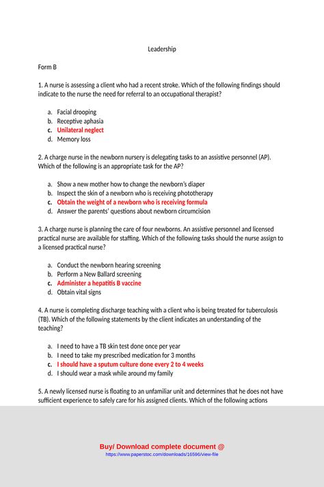 LeadershipForm B1 A nurse is assessing a client who had a recent stroke Which of the following findings should indicate to the nurse the need for referral to an occupational therapista Facial droopingb Receptive aphasiac Unilateral neglectd Memory loss2 A charge nurse in the newborn nursery is delegating tasks to an assistive personnel AP Which of the following is an appropriate task for the APa Show a new mother how to change ... Nursing Pathophysiology, Nursing Leadership, Charge Nurse, Nurses Station, Licensed Practical Nurse, Practical Nursing, Newborn Nursery, Party Organization, The Nurse