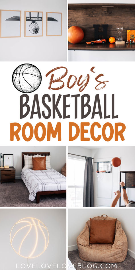 Photo collage with text overlay that reads "boy's basketball room decor."