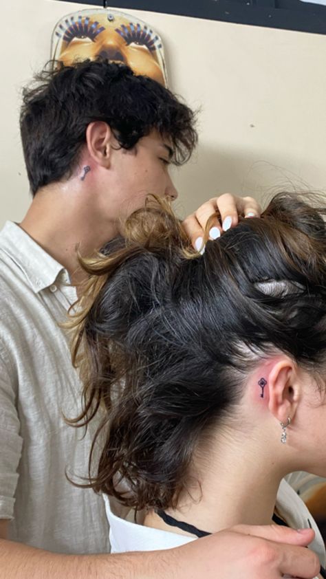 Matching Neck Tattoos Couples, Couples Tattoos Aesthetic, Couple Tattoos Behind Ear, Couple Neck Tattoos, Matching Tattoos Behind Ear, Matching Couple Tattoos Aesthetic, Matching Tattoos Couples Aesthetic, Couples Hand Tattoos, Couple Hands