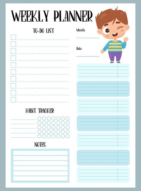 Weekly planner. Organizer, to-do list, notes and habit tracker with happy cartoon boy. Vector illustration. vertical template in blue for print, design, decor, kids collection, stationery. Kids Planner, Happy Cartoon, Planner Stationery, Cartoon Boy, Stationery Collection, Kids Collection, Habit Tracker, Design Decor, To Do