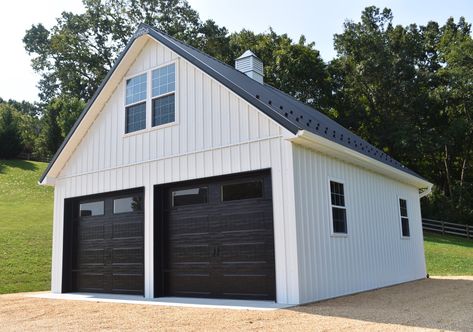 2 Car Garage Detached, Detached Garage Siding Ideas, House And Detached Garage Layout, Detached 2 Car Garage Ideas, One Car Garage Woodworking Shop, Garage With Vertical Siding, Detached Garage Board And Batten, Detached Metal Garage Next To House, Extra Garage Ideas