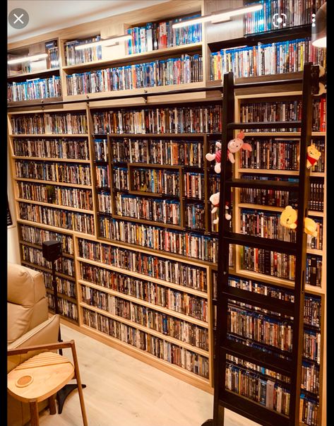 Movie Storage, Diy Dvd Storage, Dvd Display, Movie Library, Dvd Organization, Small Home Theaters, Horror Room, Cd Dvd Storage, Music Storage