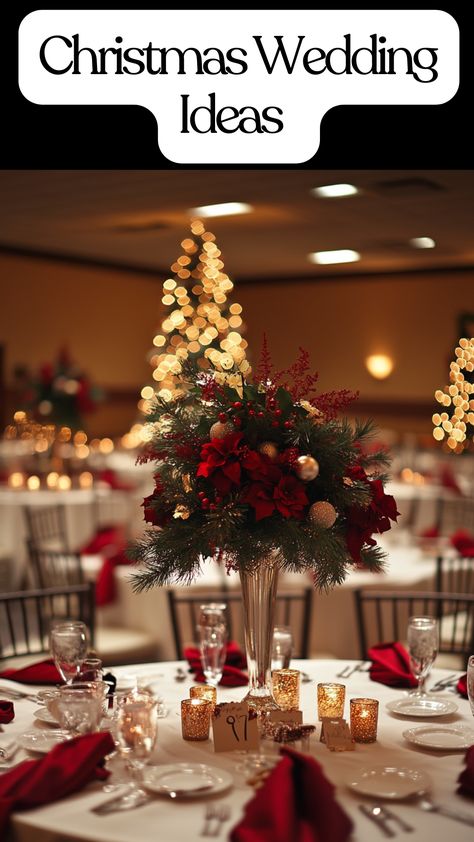 Elegant Christmas wedding decor and centerpiece ideas with festive colors. Wedding Themed Christmas Tree, Rustic Christmas Wedding Ideas, Elegant Christmas Wedding Ideas, Christmas Wedding Ideas On A Budget, Christmas Wedding Reception Ideas, Christmas Banquet Decorations, Green And Blue Decor, Christmas Wedding Table Centerpieces, Xmas Wedding Ideas