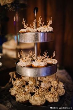 Deer Hunting Cupcakes, Hunting Bridal Shower Ideas, Casual Winter Wedding, Rustic Wedding Cupcakes, Country Wedding Cupcakes, Enchanted Forest Wedding Cake, Forest Wedding Cake, Wedding Cake With Cupcakes, Lake Placid Florida