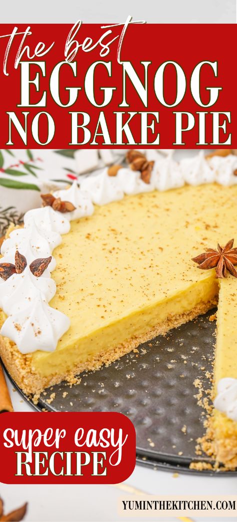 This No-Bake Eggnog Pie is the best creamy Christmas dessert recipe you’ll find! Featuring rich eggnog, cream cheese, and cool whip, this easy no-bake pie delivers all the holiday flavors in a simple-to-make dessert. Ideal for Christmas or Thanksgiving, this eggnog dessert will impress everyone without any baking required! Eggnog Cream Pie, No Bake Eggnog Pie, Eggnog Pie, Eggnog Dessert, Holiday Dinner Recipes, Holiday Flavors, Christmas Desserts Party, Baking Recipes Pie, Easy Holiday Desserts