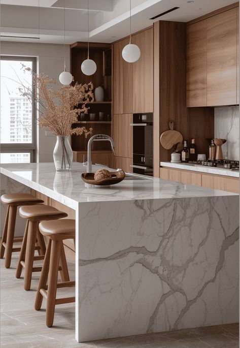 Contemperory Kitchen, Kitchen White Wood Modern, Small Designer Kitchen, Organic Modern Kitchen Countertops, Kitchen Home Ideas, Walnut Cabinets With White Countertops, Light Wood Kitchens Modern, Different Style Kitchens, Modern Organic Kitchen Island