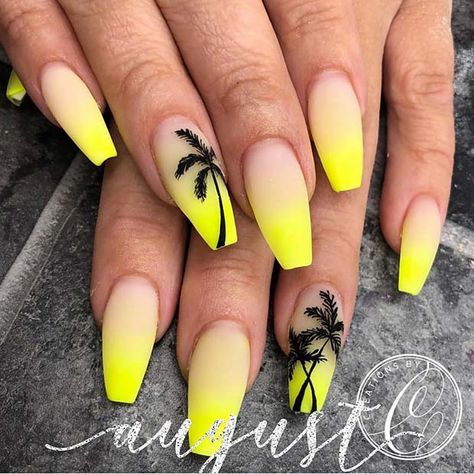 Nail Art For Girls, Bright Summer Acrylic Nails, Bright Summer Nails Designs, Neon Yellow Nails, Palm Tree Nails, Neon Nail Designs, Yellow Nails Design, Bright Summer Nails, Tree Nails