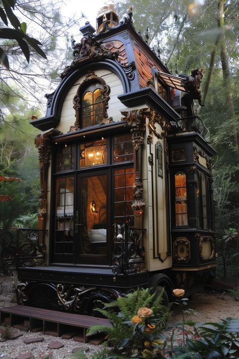 Victorian Tiny House Plans, Tiny House Solutions, Gothic Tiny House Plans, Gothic Tiny Home, Victorian Tiny Home, Castle Tiny House, Gothic House Design, Modern Witch House, Whimsical Tiny House