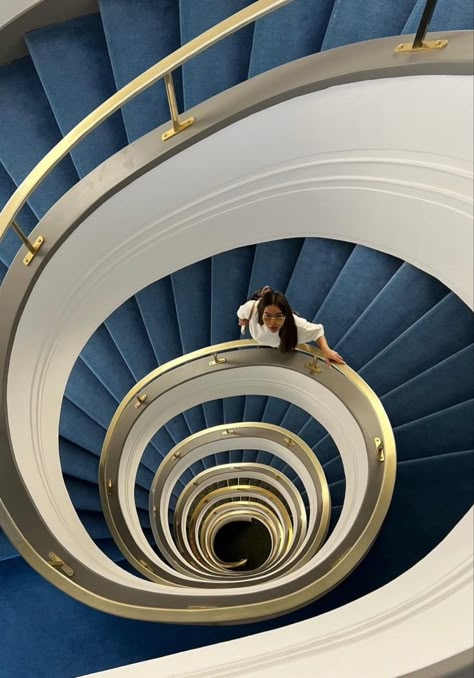 Stairs Photoshoot, Classy Rich Aesthetic, Unique Glassware, Architecture Aesthetic, Abstract Beauty, Antique Light Fixtures, Colourful Tile, Spiral Stairs, Magic Aesthetic