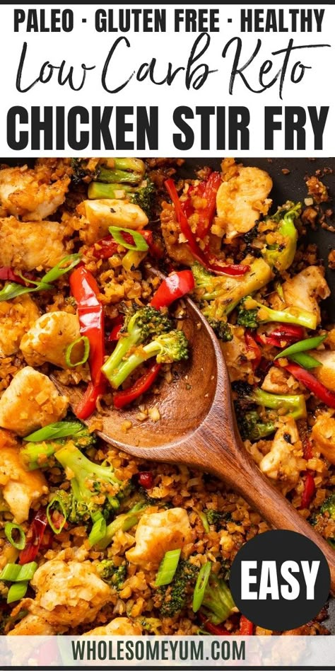 Low Carb Keto Chicken Stir Fry Recipe With Cauliflower Rice Stir Fry With Cauliflower Rice, Recipe With Cauliflower, Keto Stir Fry, Chicken Stir Fry Recipe, Stir Fry Chicken, Easy Stir Fry Recipes, Keto Chicken Recipes, Stir Fry Recipes Chicken, Wholesome Yum