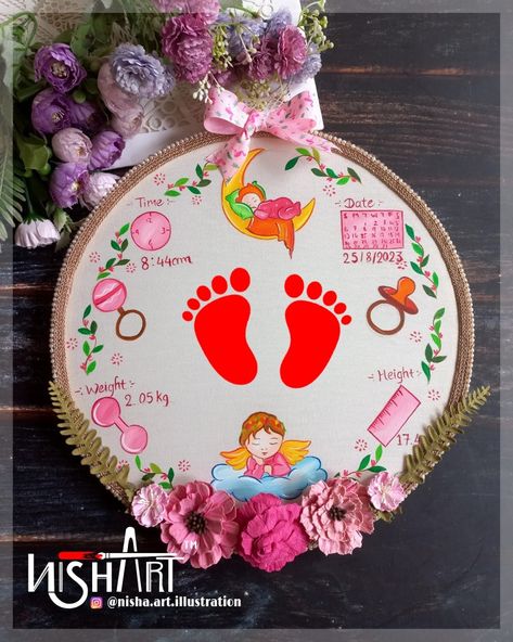 Welcome Baby Rumal Painting, Baby Rumal Hand Work, Baby Rumal Design, Baby Foot Print Ideas, Baby Handprint Art, Diy Baby Room Decor, Baby Footprint Art, Diy Photo Book, Embroidery Hoop Art Diy