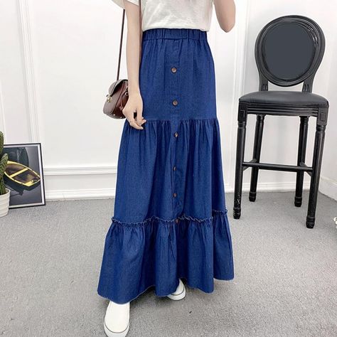 Chic Women Skirt  Solid Color Loose Lady Denim Skirt  Ruffle Colorfast Summer Skirt Long Denim Skirt Outfits, Womens Denim Skirts, Denim Skirt Outfits, Long Denim Skirt, Rock Outfit, Everyday Fashion Outfits, Langer Rock, Denim Skirts, Long Maxi Skirts