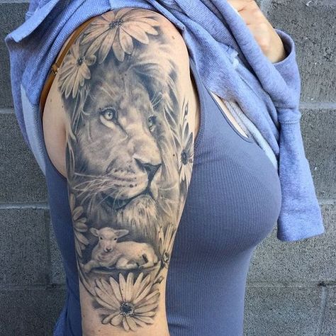 Snagged a healed pic of this lion and lamb. Lion And Lamb Tattoo Women, Lion And Lamb Tattoo, Lion Tattoo Meaning, Lamb Tattoo, Lion Tattoo Sleeves, Symbolic Meanings, Mens Lion Tattoo, Lion And Lamb, Lion Tattoo Design