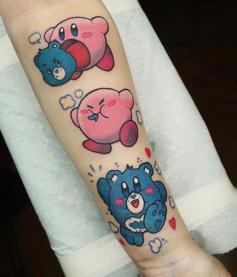 Clefairy Tattoo, Milotic Tattoo, Kawaii Tattoo Sleeve, Kawaii Tattoo Ideas, Care Bear Tattoo, Kirby Tattoo, Kawaii Tattoos, Illusion Tattoo, Nintendo Tattoo