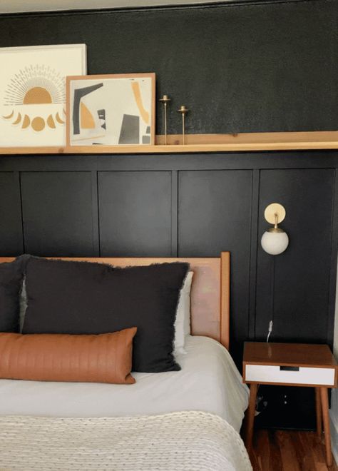 DIY Board and Batten Wall: Every Tip You Need To Make it Look Profesh • Mama and More Board And Batten Wall Bedroom Diy, Black Board And Batten Bedroom, Board And Batten Wall Black, Black Statement Wall Bedroom, Batton Walls, Statement Walls Bedroom, Black Board And Batten, Modern Wainscoting, Diy Board And Batten Wall