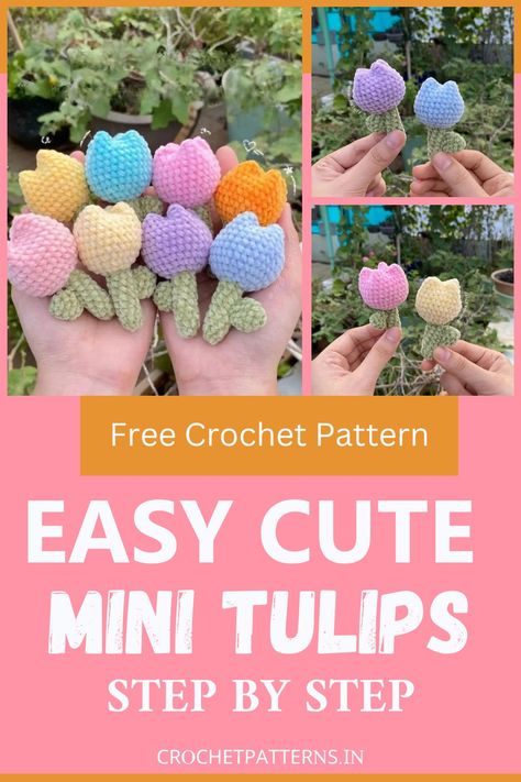 Cute Crochet Mini Tulips Free Pattern Crochet Mini Tulips Pattern Free, Amigurumi Flower Free Pattern, Mini Tulip Crochet, Crochet Tulips Pattern Free, Tulip Crochet Pattern, Crochet Minis, Tulips Crochet, Diy Finger Knitting, Crochet Tulip