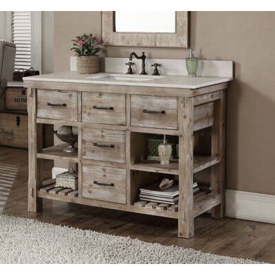 This 49" rustic style bathroom vanity features 1 convenient tip-out tray, and 4 soft closing drawers with full extension under-mount soft close drawer glides. There are backsplash and a white ceramic or limestone sink. Note that this collection countertop is 100% natural. Each piece is unique. The colour and pattern of the countertop you receive may vary from the pictures. | Gracie Oaks Eveny 49" Single Bathroom Vanity Set White 35.5 x 49.0 x 22.5 in, Stone Top | LFMF3472_27007931 | Wayfair Cana Bathroom Vanity Trends, Farmhouse Style Bathroom Vanity, 48 Inch Bathroom Vanity, 36 Inch Bathroom Vanity, Rustic Bathroom Vanities, Bathroom Farmhouse Style, Shabby Chic Bathroom, Double Vanity Bathroom, Double Sink Bathroom