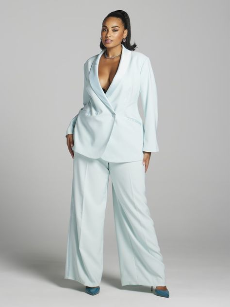 Plus Size Teagan Satin Trim Single-Breasted Blazer - Gabrielle Union x FTF | Fashion to Figure Like Clockwork, Style Bleu, Blue Two Piece, Fashion To Figure, Sweater Jumpsuit, Single Button Blazer, Swimming Outfit, Pant Suit, Tailored Blazer