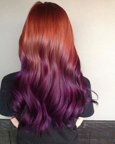 Redhead Ombre, Red And Purple Hair, Purple Hair Color Ombre, Sunset Hair Color, Sunset Hair, Purple Ombre Hair, Brown Ombre Hair, Kadeřnické Trendy, Hair Color Purple